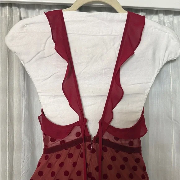 For Love & Lemons Dotty Dress Women’s Small Red Sheer Mesh Ruffle Midi Cocktail - Picture 6 of 9